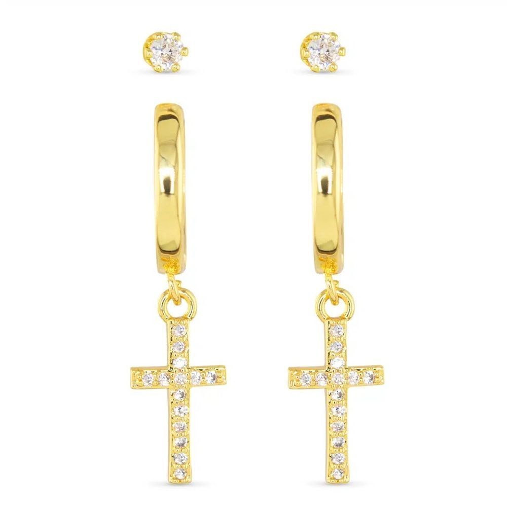 New AMANDA BLU GOLD CROSS & STUD DUO EARRINGS